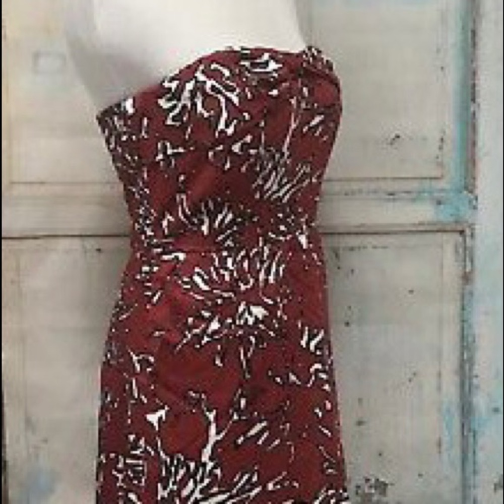 The Limited Red with Coral print strapless dress with pockets NWT